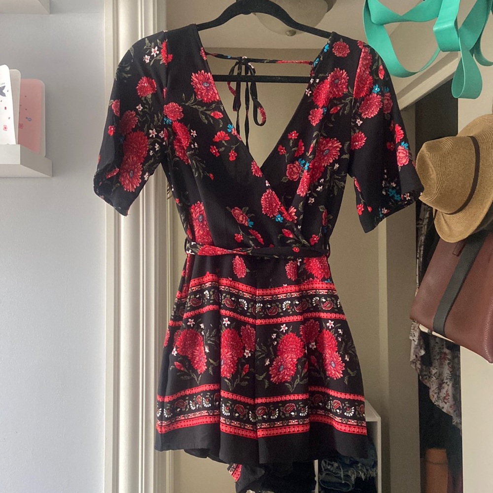 Red and black floral romper